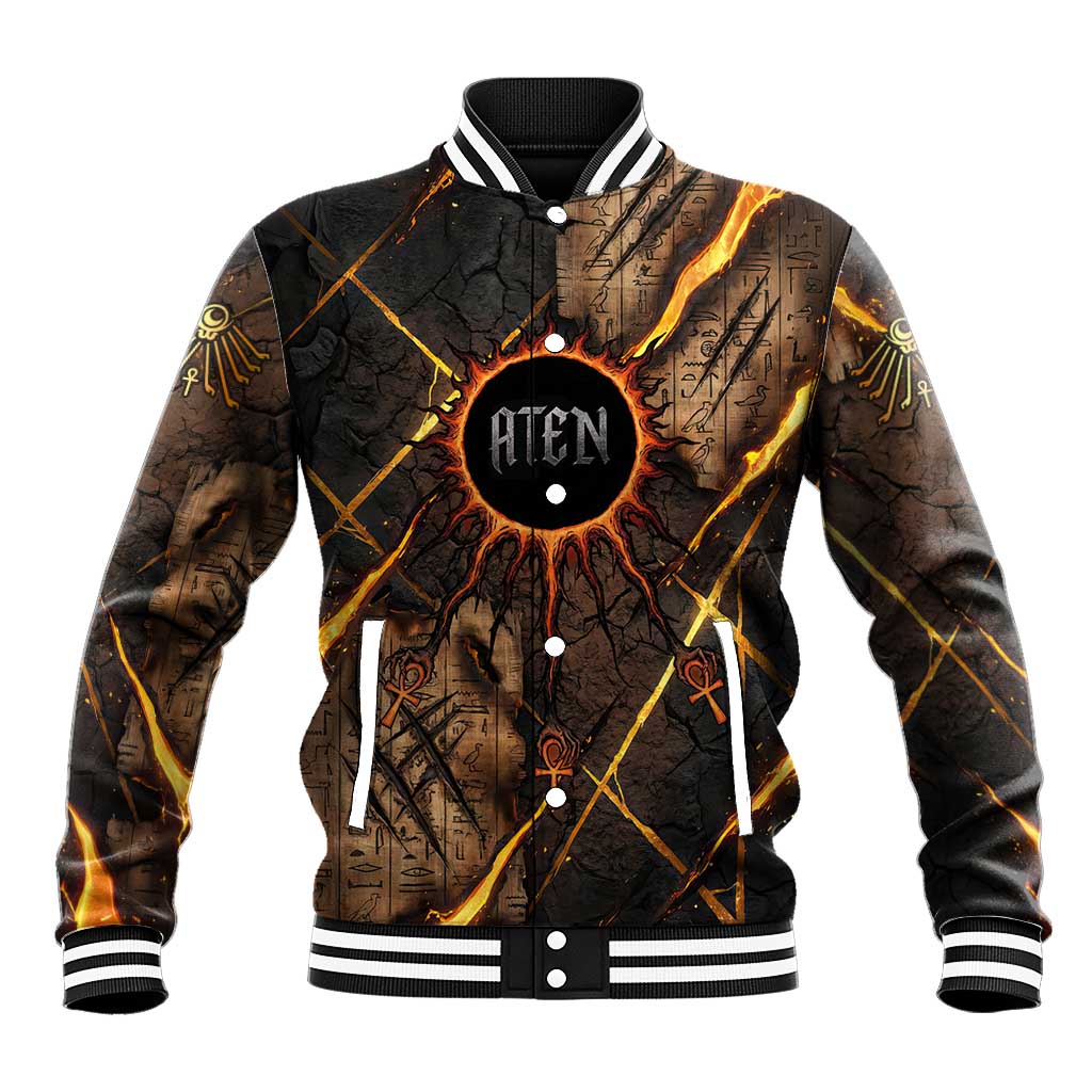 Aten Baseball Jacket Ancient Egyptian Cracked Stone Hieroglyph, Solar Eclipse Emblem, and Radiant Sunburst - Wonder Print Shop