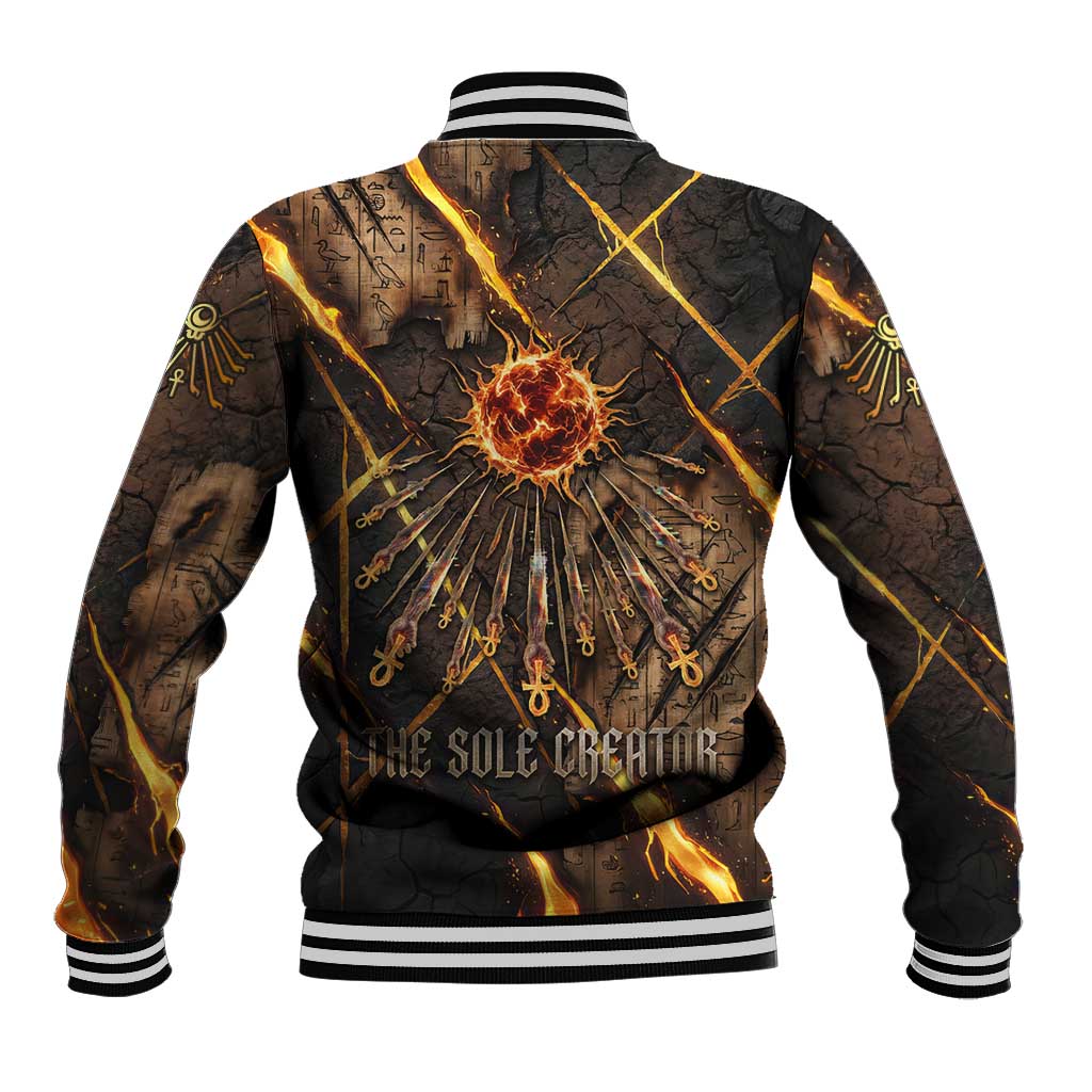 Aten Baseball Jacket Ancient Egyptian Cracked Stone Hieroglyph, Solar Eclipse Emblem, and Radiant Sunburst - Wonder Print Shop