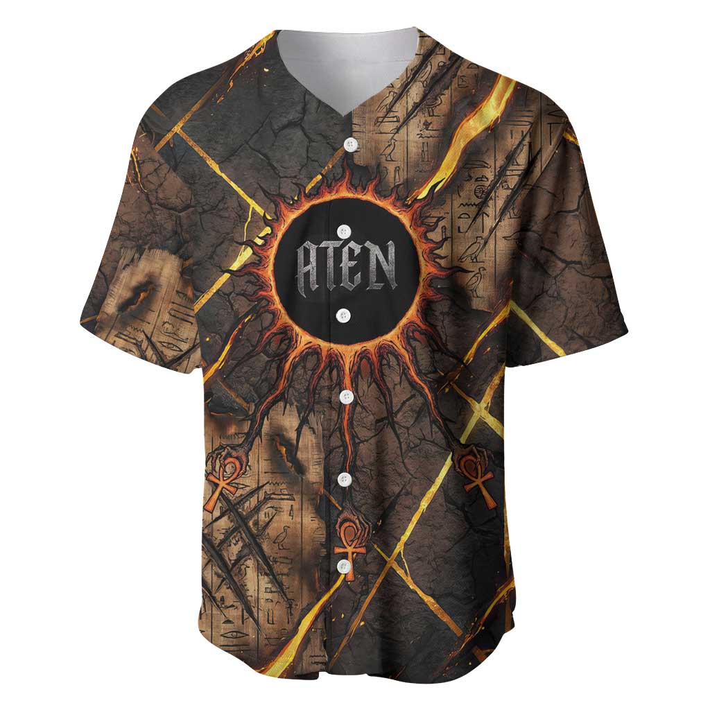 Aten Baseball Jersey Ancient Egyptian Cracked Stone Hieroglyph, Solar Eclipse Emblem, and Radiant Sunburst - Wonder Print Shop