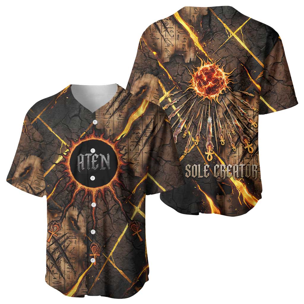Aten Baseball Jersey Ancient Egyptian Cracked Stone Hieroglyph, Solar Eclipse Emblem, and Radiant Sunburst - Wonder Print Shop