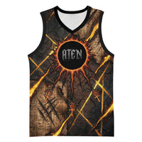 Aten Basketball Jersey Ancient Egyptian Cracked Stone Hieroglyph, Solar Eclipse Emblem, and Radiant Sunburst - Wonder Print Shop
