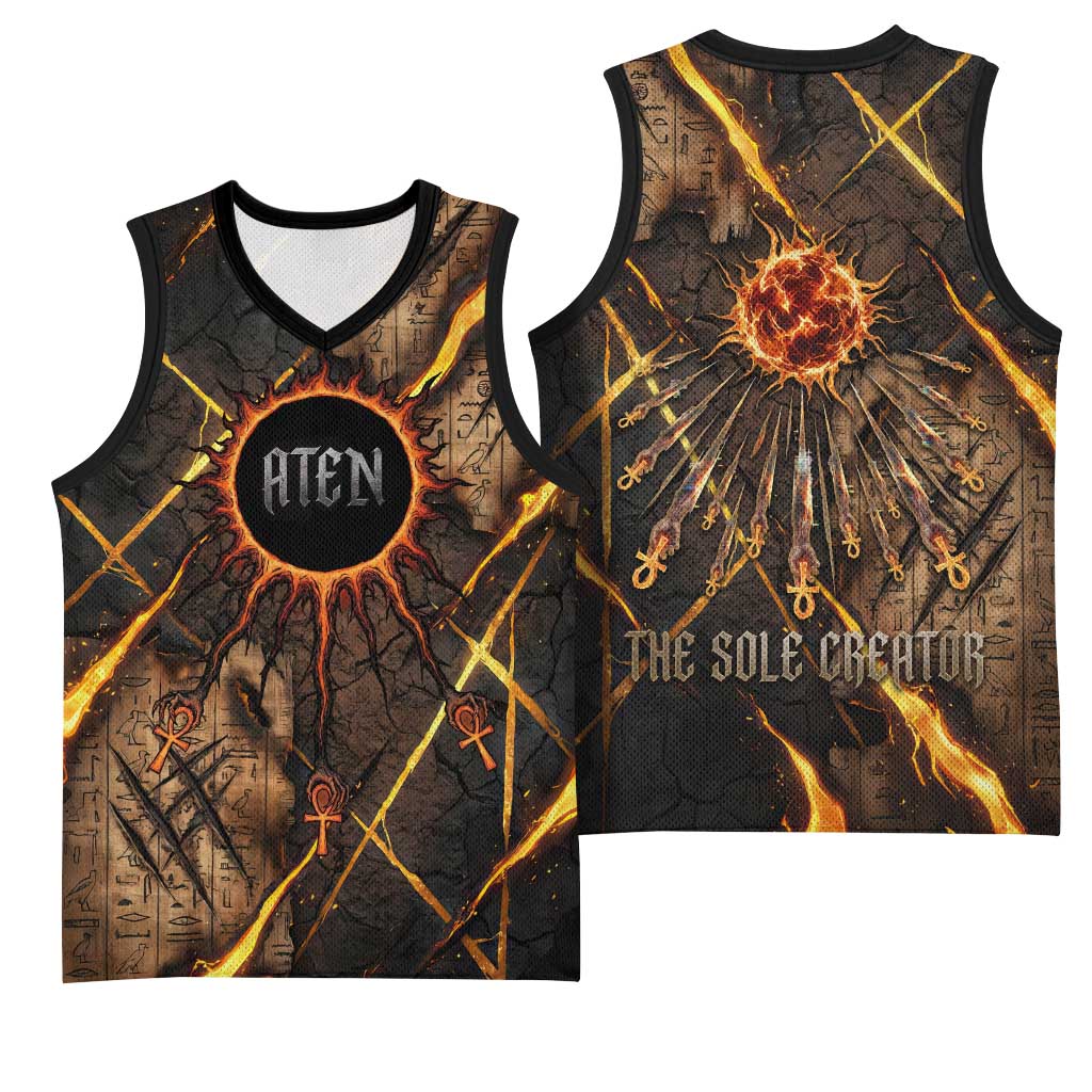 Aten Basketball Jersey Ancient Egyptian Cracked Stone Hieroglyph, Solar Eclipse Emblem, and Radiant Sunburst - Wonder Print Shop