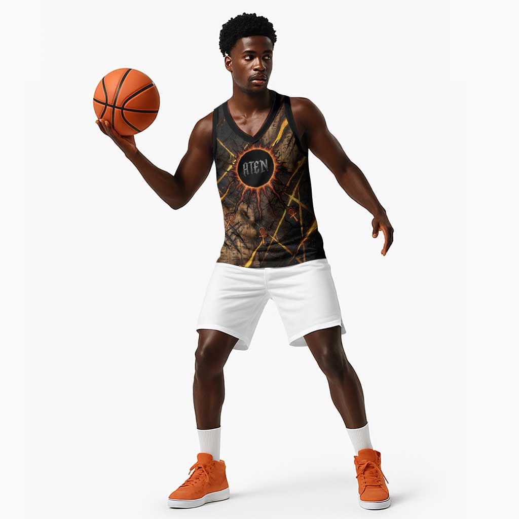 Aten Basketball Jersey Ancient Egyptian Cracked Stone Hieroglyph, Solar Eclipse Emblem, and Radiant Sunburst - Wonder Print Shop