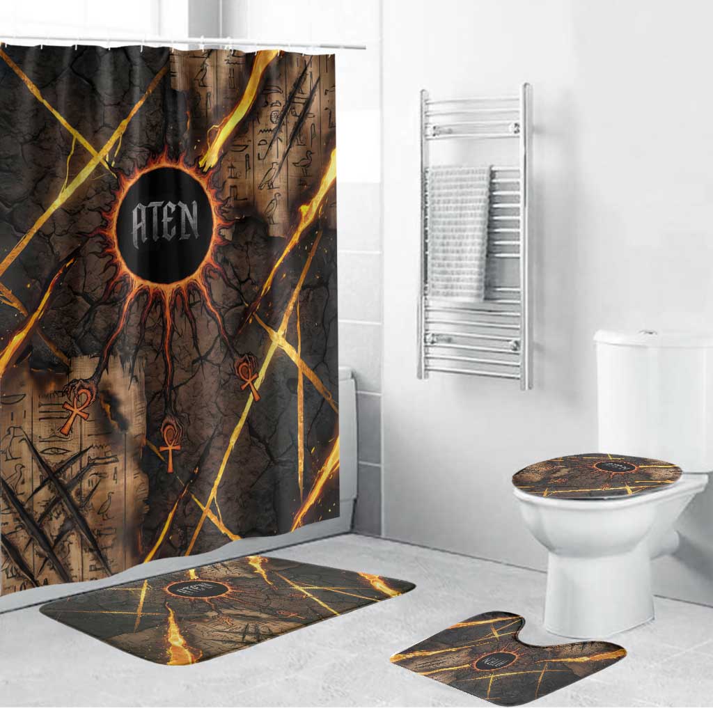 Aten Bathroom Set Ancient Egyptian Cracked Stone Hieroglyph, Solar Eclipse Emblem, and Radiant Sunburst - Wonder Print Shop