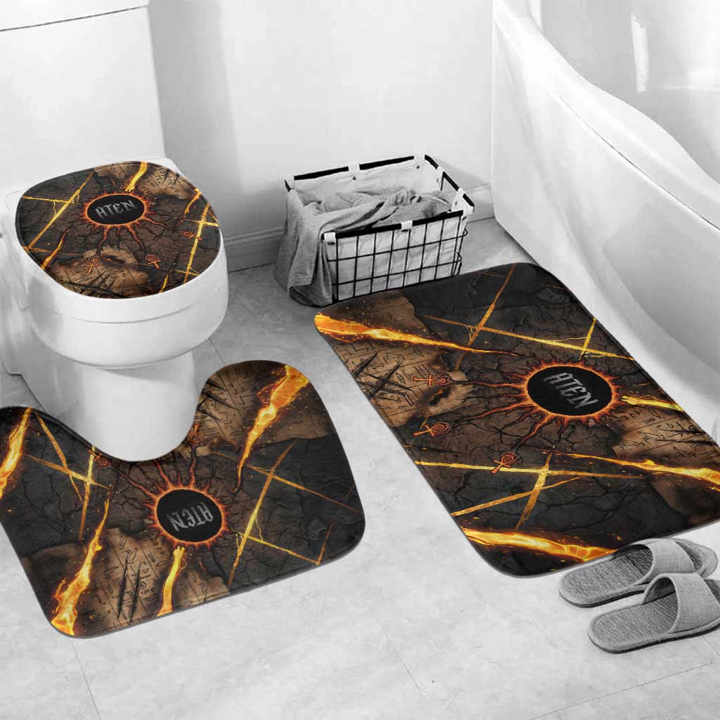 Aten Bathroom Set Ancient Egyptian Cracked Stone Hieroglyph, Solar Eclipse Emblem, and Radiant Sunburst - Wonder Print Shop
