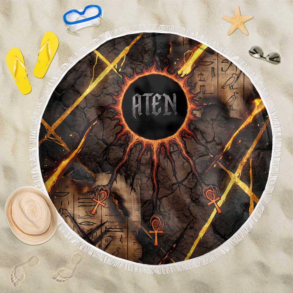 Aten Beach Blanket Ancient Egyptian Cracked Stone Hieroglyph, Solar Eclipse Emblem, and Radiant Sunburst - Wonder Print Shop