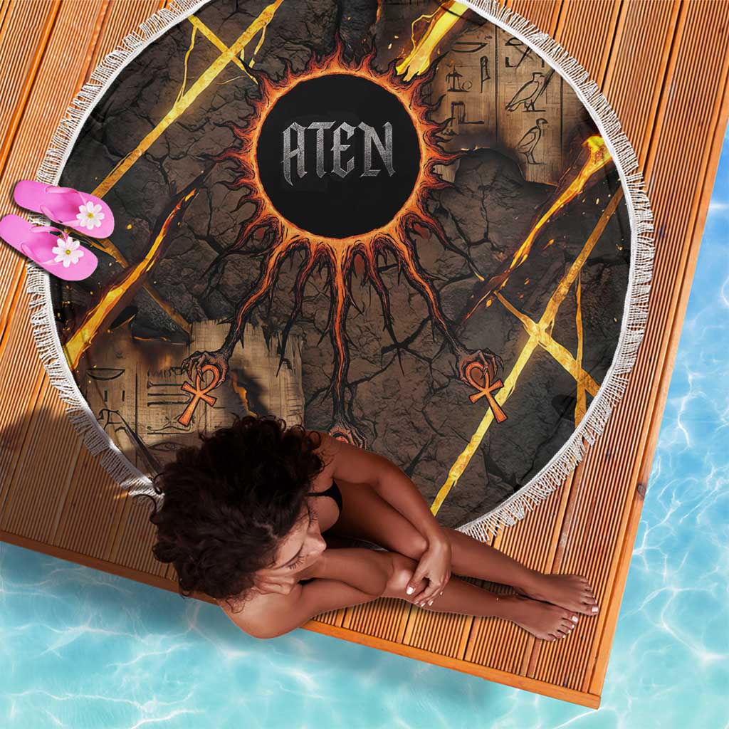 Aten Beach Blanket Ancient Egyptian Cracked Stone Hieroglyph, Solar Eclipse Emblem, and Radiant Sunburst - Wonder Print Shop