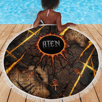 Aten Beach Blanket Ancient Egyptian Cracked Stone Hieroglyph, Solar Eclipse Emblem, and Radiant Sunburst - Wonder Print Shop