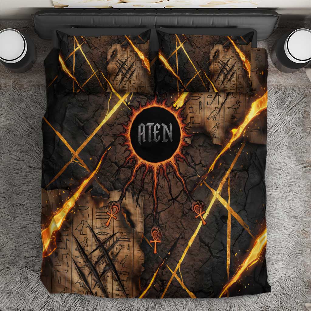 Aten Bedding Set Ancient Egyptian Cracked Stone Hieroglyph, Solar Eclipse Emblem, and Radiant Sunburst - Wonder Print Shop