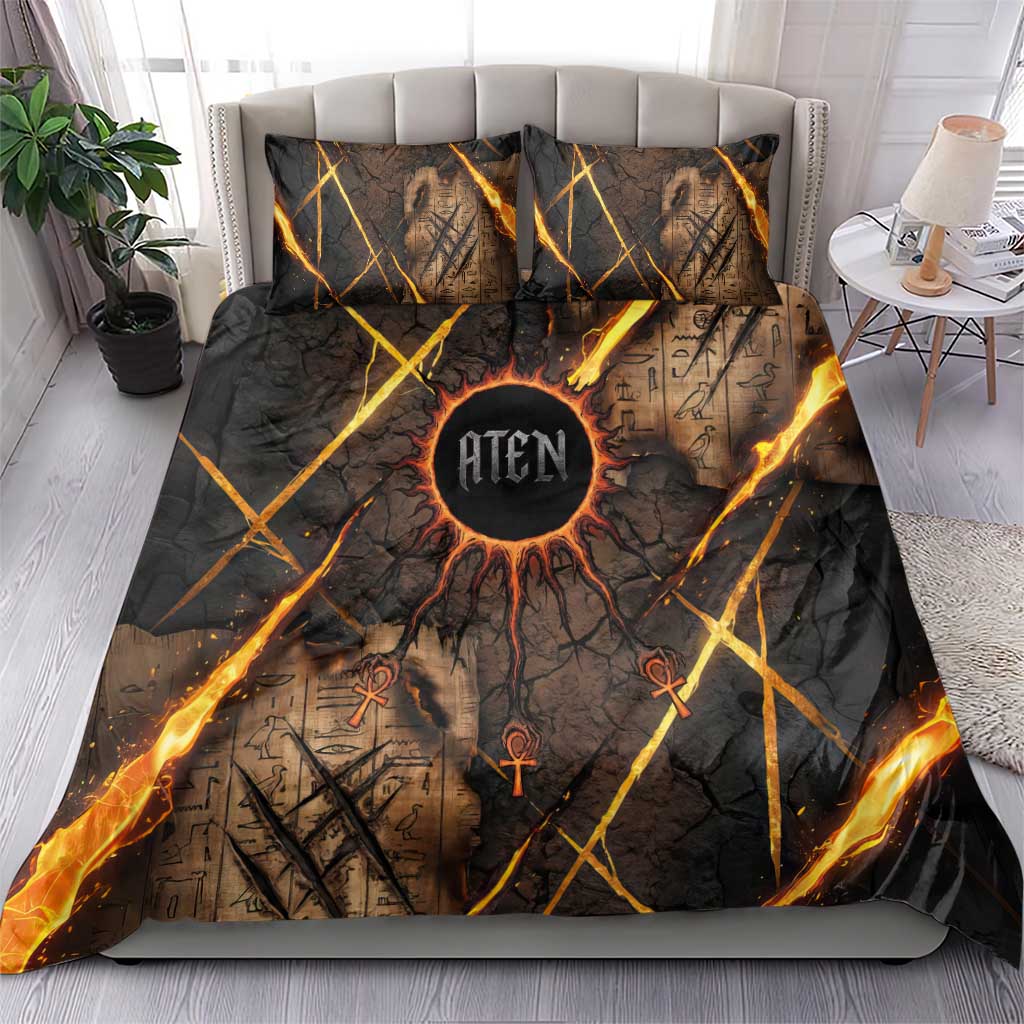 Aten Bedding Set Ancient Egyptian Cracked Stone Hieroglyph, Solar Eclipse Emblem, and Radiant Sunburst - Wonder Print Shop