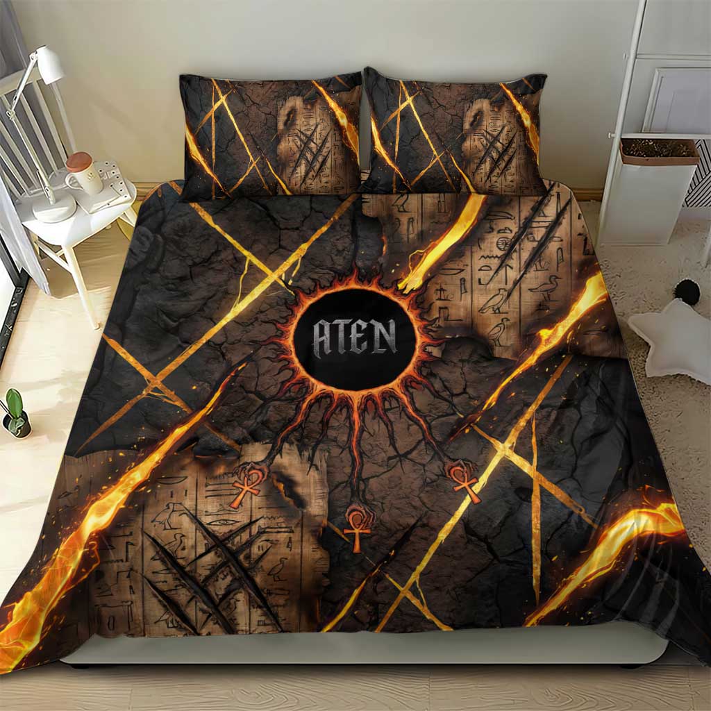 Aten Bedding Set Ancient Egyptian Cracked Stone Hieroglyph, Solar Eclipse Emblem, and Radiant Sunburst - Wonder Print Shop