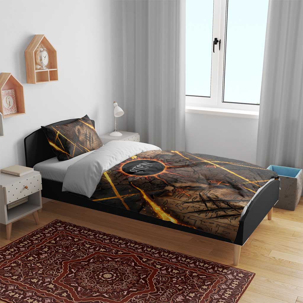 Aten Bedding Set Ancient Egyptian Cracked Stone Hieroglyph, Solar Eclipse Emblem, and Radiant Sunburst - Wonder Print Shop