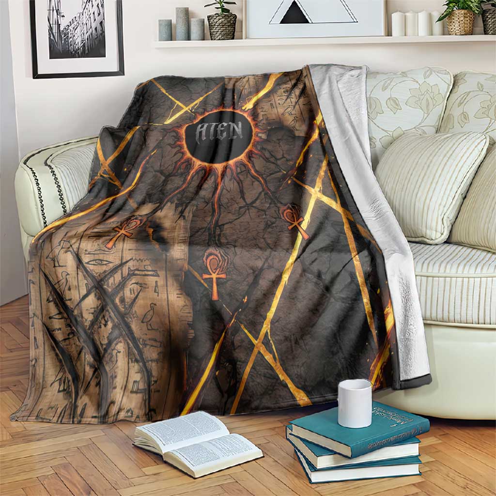 Aten Blanket Ancient Egyptian Cracked Stone Hieroglyph, Solar Eclipse Emblem, and Radiant Sunburst - Wonder Print Shop