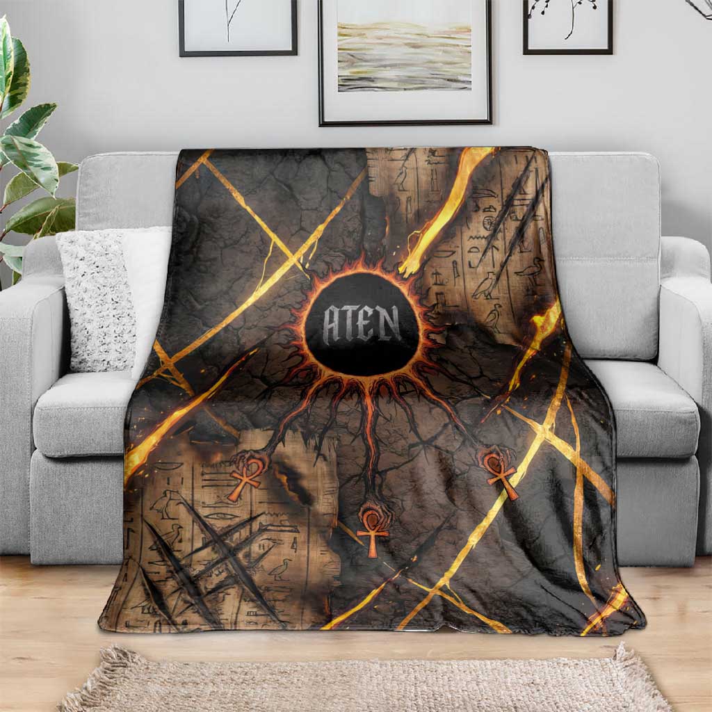 Aten Blanket Ancient Egyptian Cracked Stone Hieroglyph, Solar Eclipse Emblem, and Radiant Sunburst - Wonder Print Shop