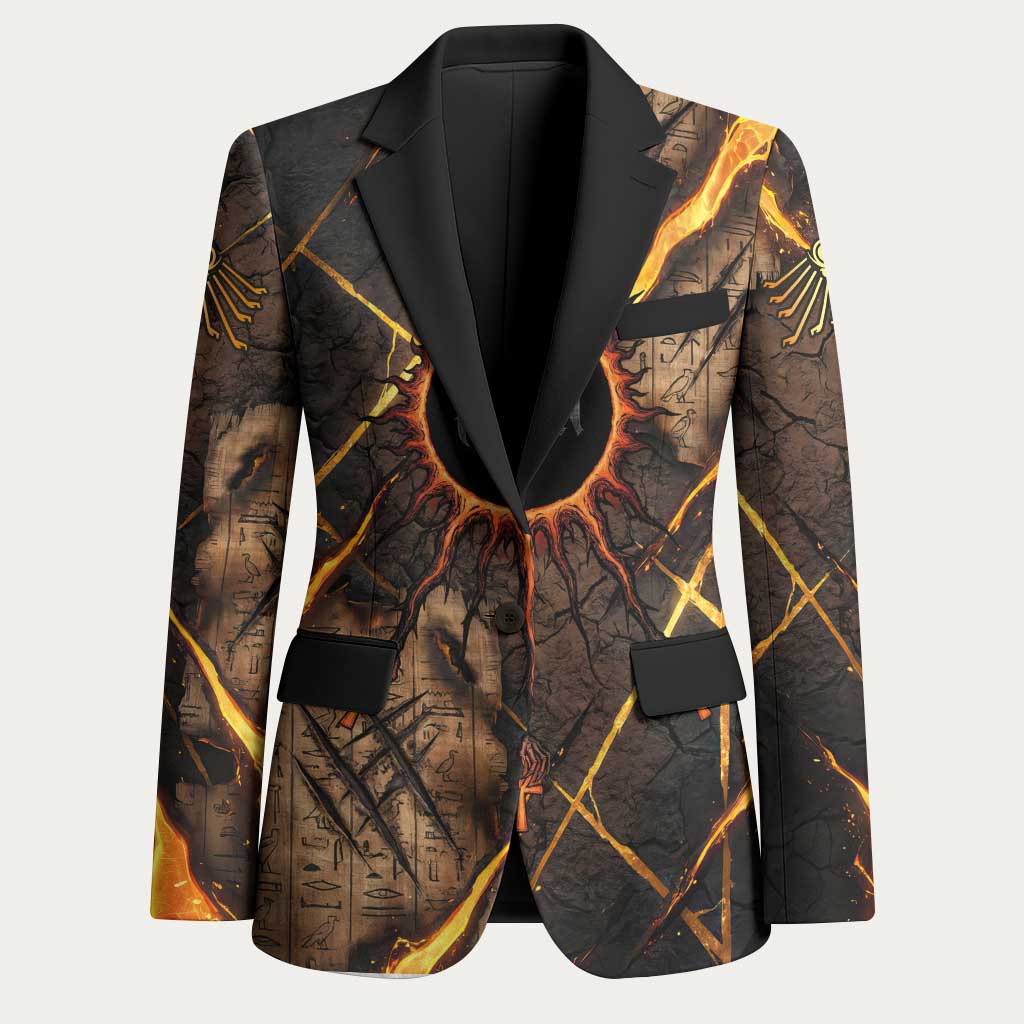 Aten Blazer Ancient Egyptian Cracked Stone Hieroglyph, Solar Eclipse Emblem, and Radiant Sunburst - Wonder Print Shop