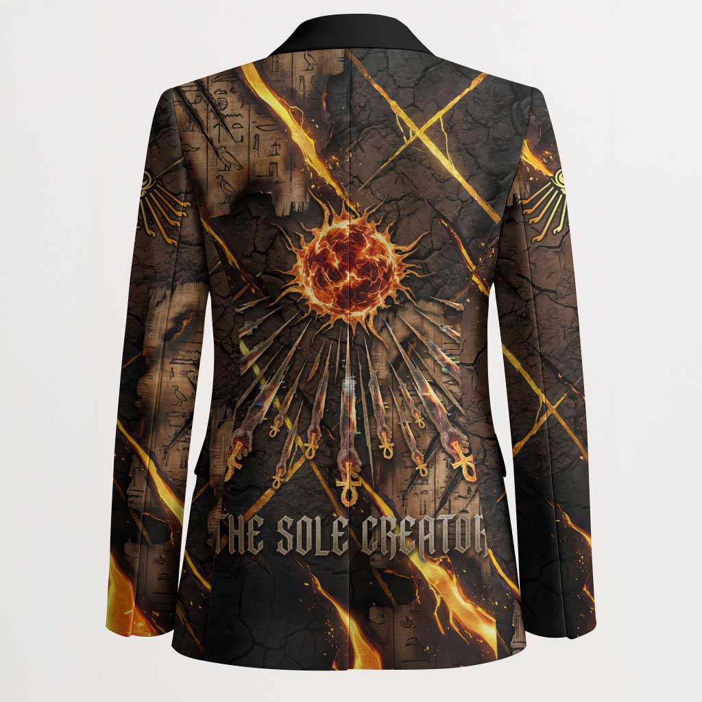 Aten Blazer Ancient Egyptian Cracked Stone Hieroglyph, Solar Eclipse Emblem, and Radiant Sunburst - Wonder Print Shop