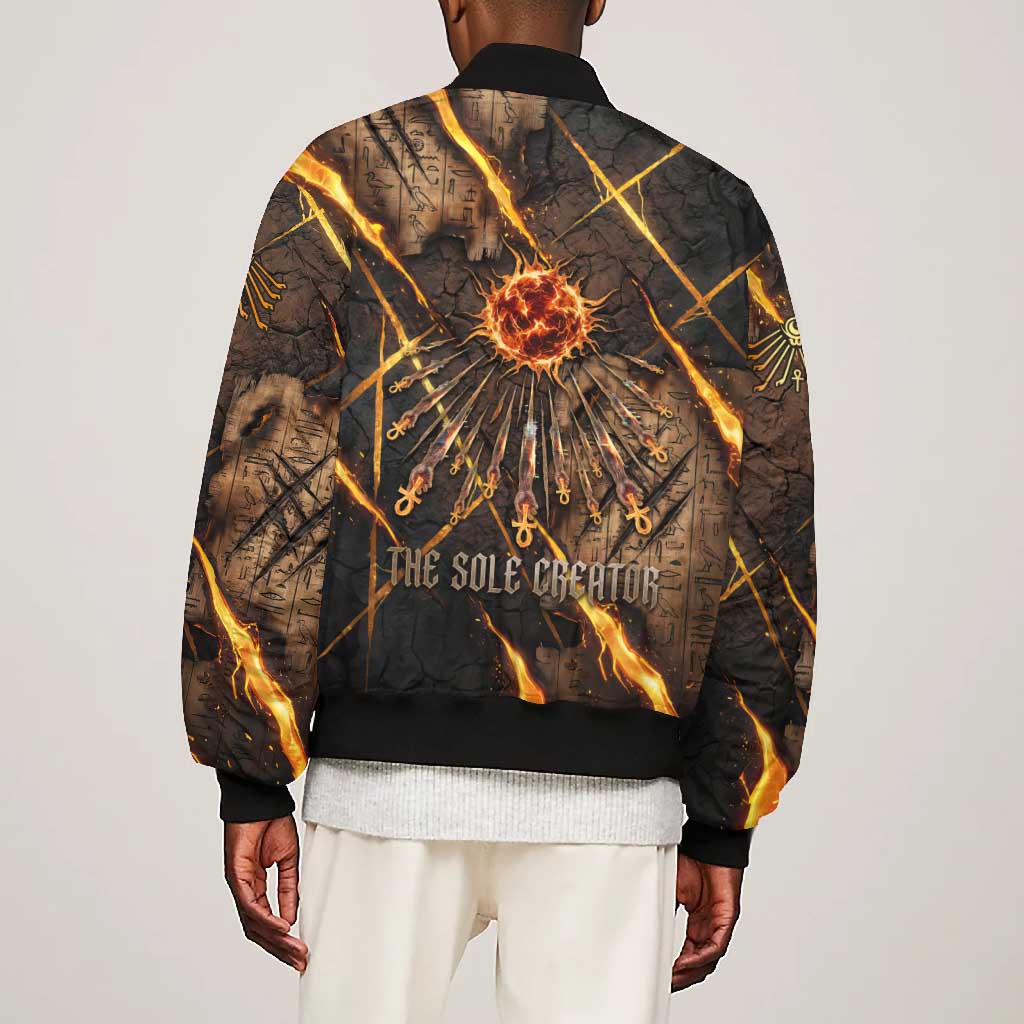 Aten Bomber Jacket Ancient Egyptian Cracked Stone Hieroglyph, Solar Eclipse Emblem, and Radiant Sunburst - Wonder Print Shop