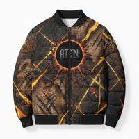 Aten Bomber Puffer Jacket Ancient Egyptian Cracked Stone Hieroglyph, Solar Eclipse Emblem, and Radiant Sunburst - Wonder Print Shop