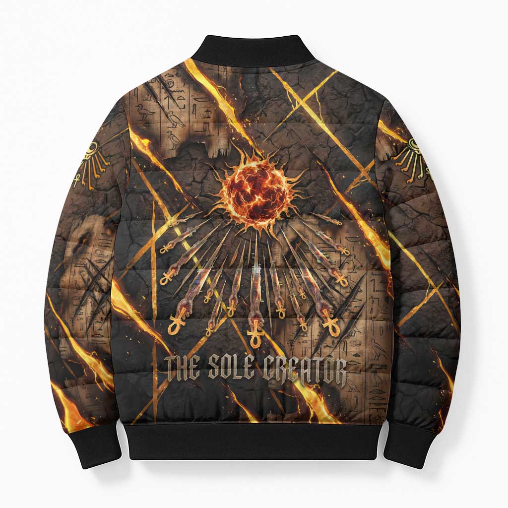 Aten Bomber Puffer Jacket Ancient Egyptian Cracked Stone Hieroglyph, Solar Eclipse Emblem, and Radiant Sunburst - Wonder Print Shop