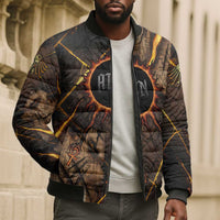 Aten Bomber Puffer Jacket Ancient Egyptian Cracked Stone Hieroglyph, Solar Eclipse Emblem, and Radiant Sunburst - Wonder Print Shop