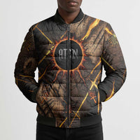 Aten Bomber Puffer Jacket Ancient Egyptian Cracked Stone Hieroglyph, Solar Eclipse Emblem, and Radiant Sunburst - Wonder Print Shop