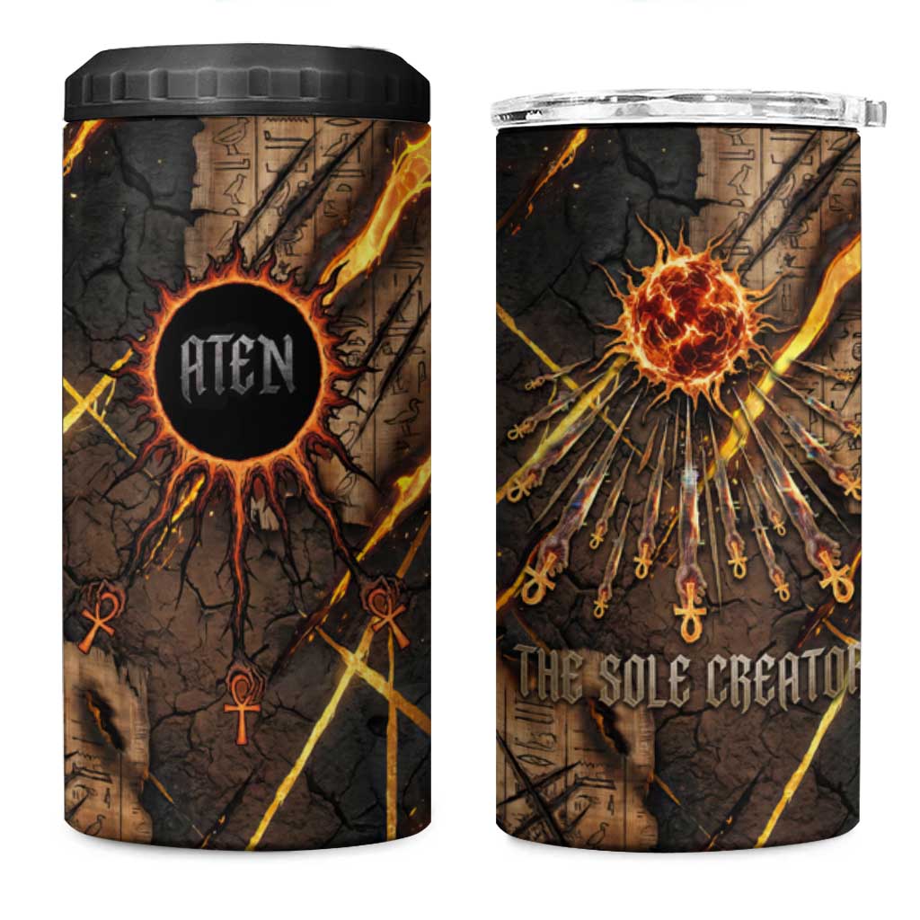 Aten 4 in 1 Can Cooler Tumbler Ancient Egyptian Cracked Stone Hieroglyph, Solar Eclipse Emblem, and Radiant Sunburst - Wonder Print Shop
