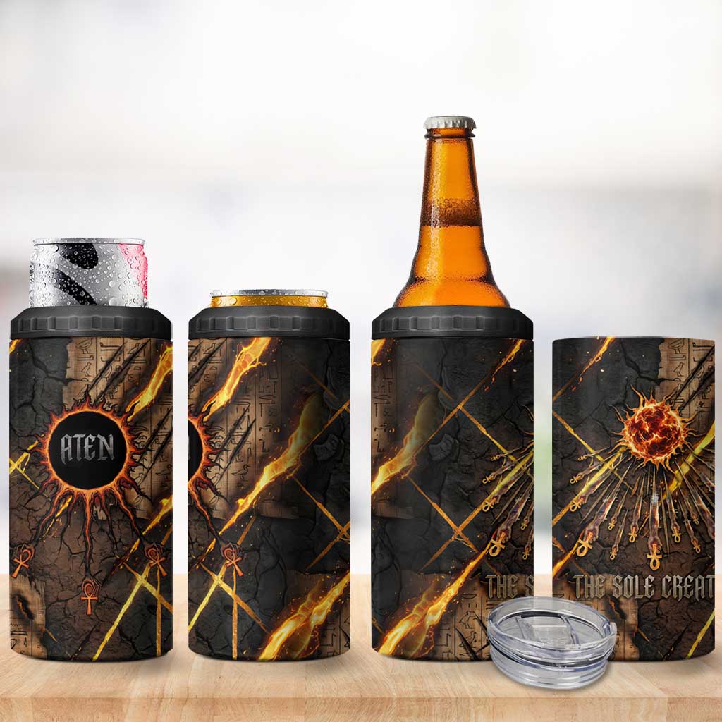 Aten 4 in 1 Can Cooler Tumbler Ancient Egyptian Cracked Stone Hieroglyph, Solar Eclipse Emblem, and Radiant Sunburst - Wonder Print Shop