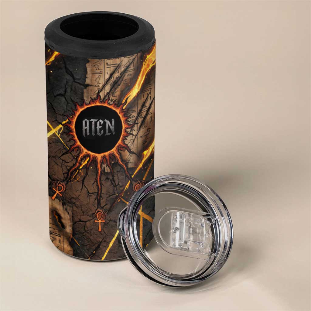 Aten 4 in 1 Can Cooler Tumbler Ancient Egyptian Cracked Stone Hieroglyph, Solar Eclipse Emblem, and Radiant Sunburst - Wonder Print Shop