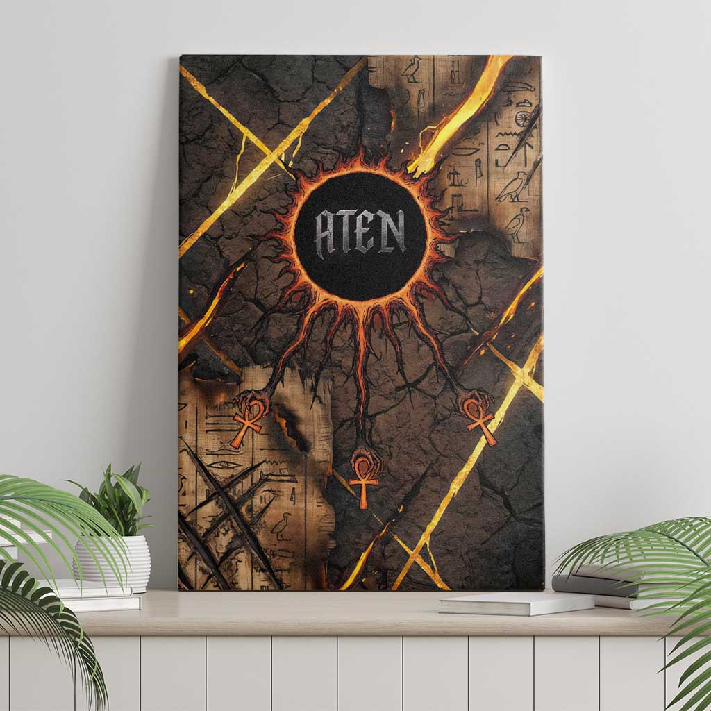Aten Canvas Wall Art Ancient Egyptian Cracked Stone Hieroglyph, Solar Eclipse Emblem, and Radiant Sunburst - Wonder Print Shop