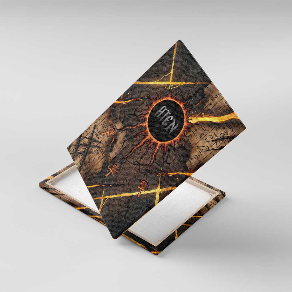 Aten Canvas Wall Art Ancient Egyptian Cracked Stone Hieroglyph, Solar Eclipse Emblem, and Radiant Sunburst - Wonder Print Shop