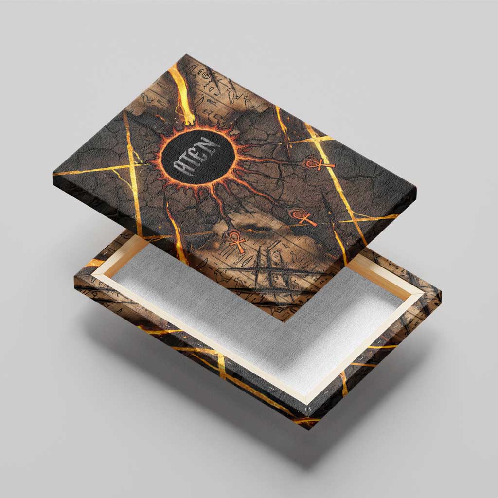 Aten Canvas Wall Art Ancient Egyptian Cracked Stone Hieroglyph, Solar Eclipse Emblem, and Radiant Sunburst - Wonder Print Shop
