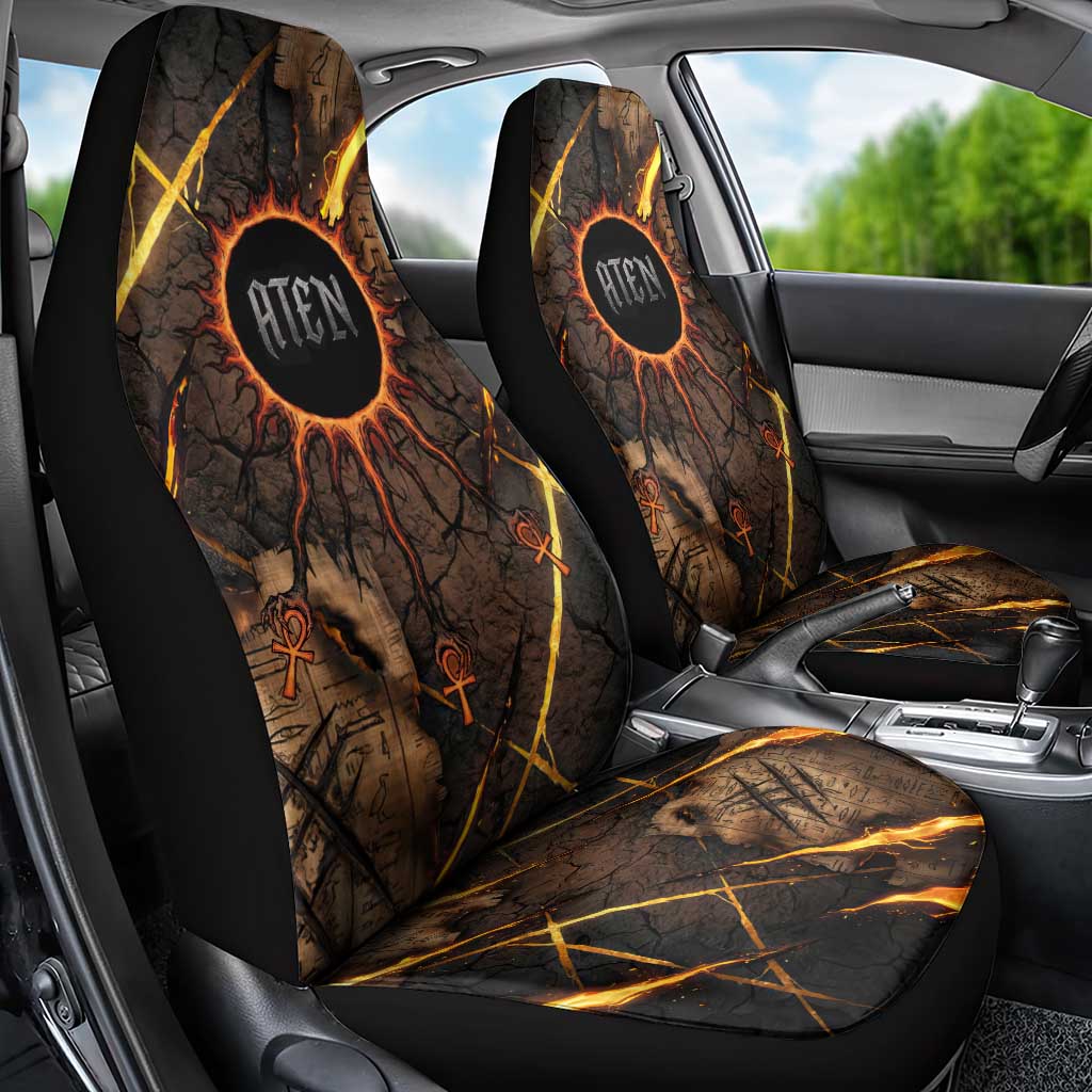 Aten Car Seat Cover Ancient Egyptian Cracked Stone Hieroglyph, Solar Eclipse Emblem, and Radiant Sunburst - Wonder Print Shop