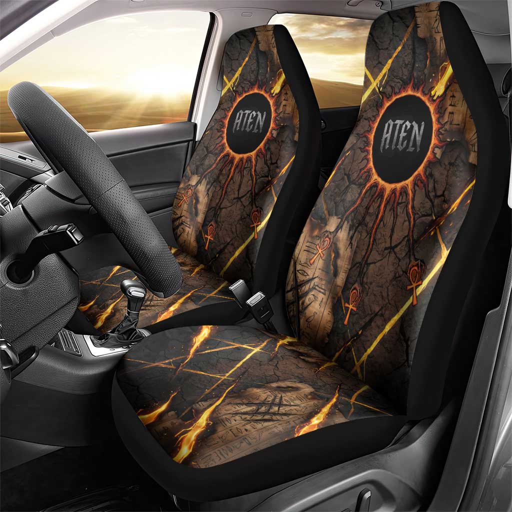Aten Car Seat Cover Ancient Egyptian Cracked Stone Hieroglyph, Solar Eclipse Emblem, and Radiant Sunburst - Wonder Print Shop