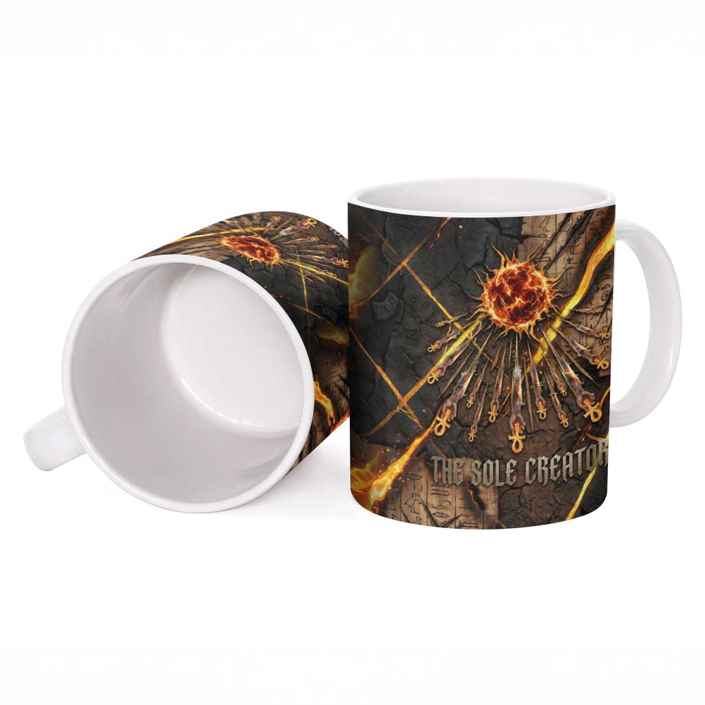 Aten Ceramic Mug Ancient Egyptian Cracked Stone Hieroglyph, Solar Eclipse Emblem, and Radiant Sunburst - Wonder Print Shop