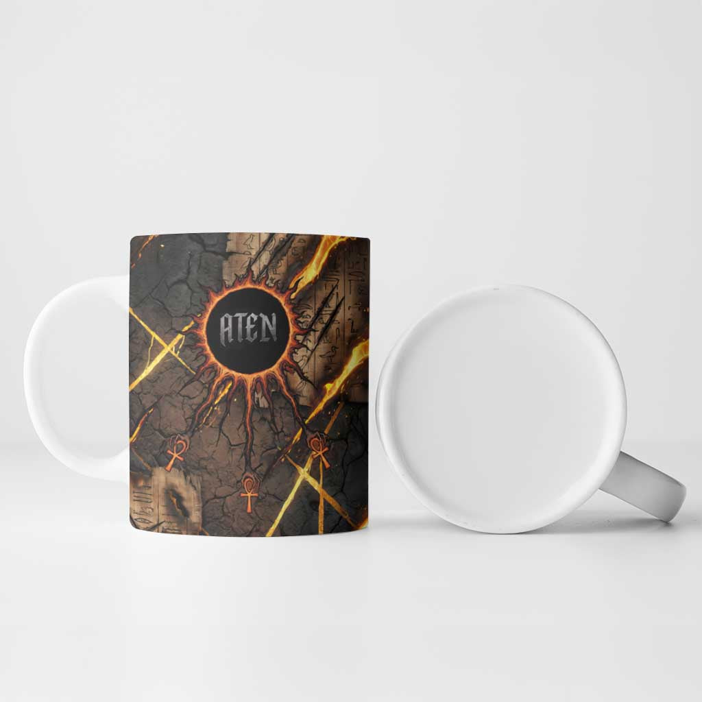Aten Ceramic Mug Ancient Egyptian Cracked Stone Hieroglyph, Solar Eclipse Emblem, and Radiant Sunburst - Wonder Print Shop
