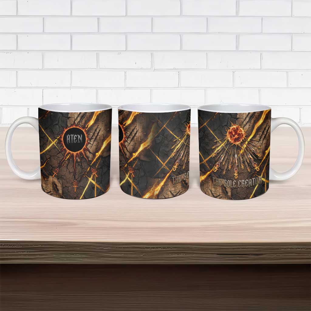 Aten Ceramic Mug Ancient Egyptian Cracked Stone Hieroglyph, Solar Eclipse Emblem, and Radiant Sunburst - Wonder Print Shop