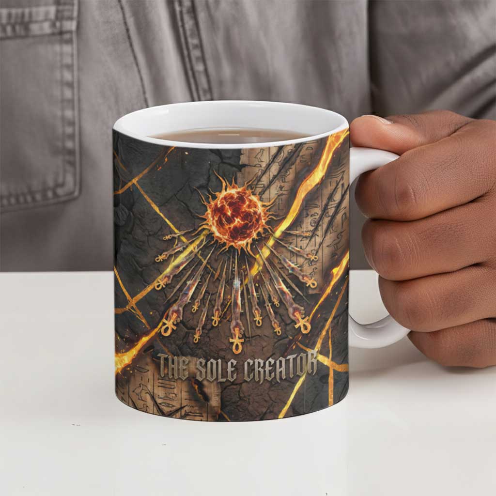 Aten Ceramic Mug Ancient Egyptian Cracked Stone Hieroglyph, Solar Eclipse Emblem, and Radiant Sunburst - Wonder Print Shop