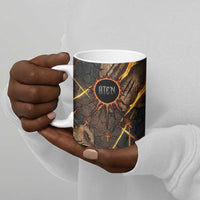 Aten Ceramic Mug Ancient Egyptian Cracked Stone Hieroglyph, Solar Eclipse Emblem, and Radiant Sunburst - Wonder Print Shop