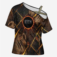 Aten Cross Shoulder Shirt Ancient Egyptian Cracked Stone Hieroglyph, Solar Eclipse Emblem, and Radiant Sunburst - Wonder Print Shop