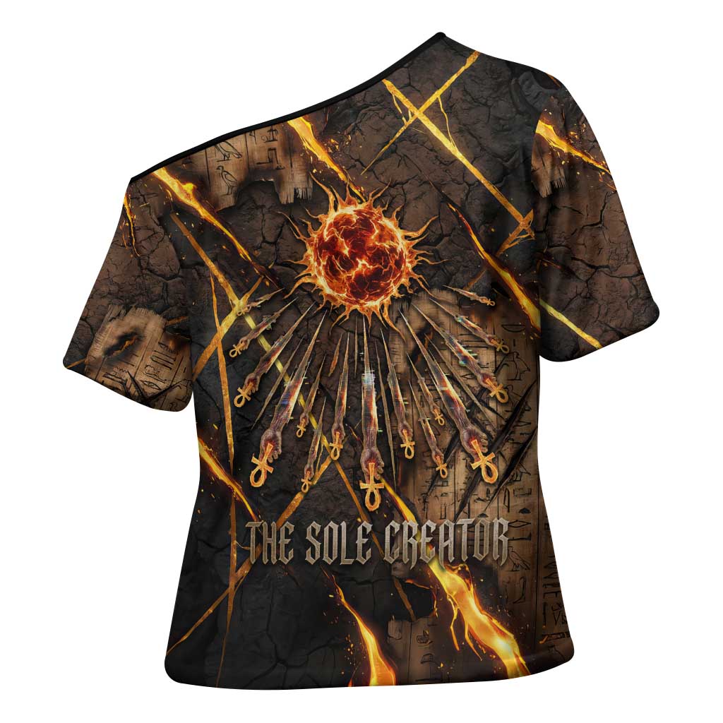 Aten Cross Shoulder Shirt Ancient Egyptian Cracked Stone Hieroglyph, Solar Eclipse Emblem, and Radiant Sunburst - Wonder Print Shop