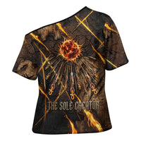 Aten Cross Shoulder Shirt Ancient Egyptian Cracked Stone Hieroglyph, Solar Eclipse Emblem, and Radiant Sunburst - Wonder Print Shop