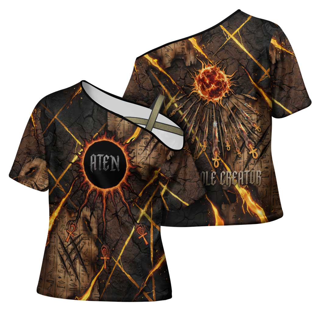 Aten Cross Shoulder Shirt Ancient Egyptian Cracked Stone Hieroglyph, Solar Eclipse Emblem, and Radiant Sunburst - Wonder Print Shop