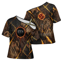 Aten Cross Shoulder Shirt Ancient Egyptian Cracked Stone Hieroglyph, Solar Eclipse Emblem, and Radiant Sunburst - Wonder Print Shop