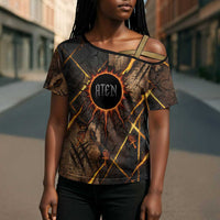 Aten Cross Shoulder Shirt Ancient Egyptian Cracked Stone Hieroglyph, Solar Eclipse Emblem, and Radiant Sunburst - Wonder Print Shop