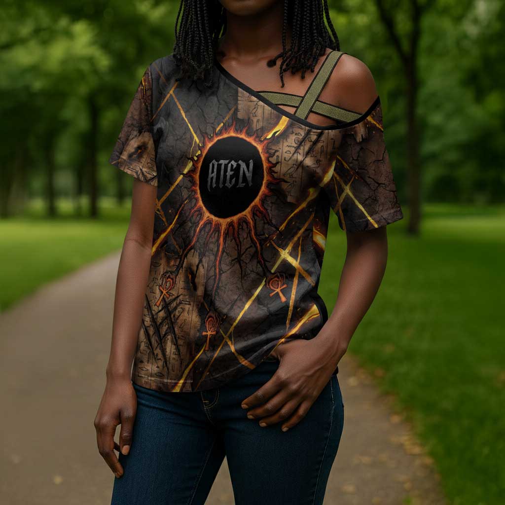 Aten Cross Shoulder Shirt Ancient Egyptian Cracked Stone Hieroglyph, Solar Eclipse Emblem, and Radiant Sunburst - Wonder Print Shop
