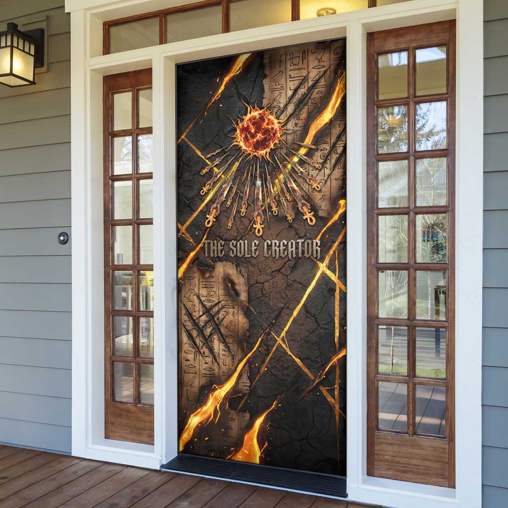 Aten Door Cover Ancient Egyptian Cracked Stone Hieroglyph, Solar Eclipse Emblem, and Radiant Sunburst - Wonder Print Shop
