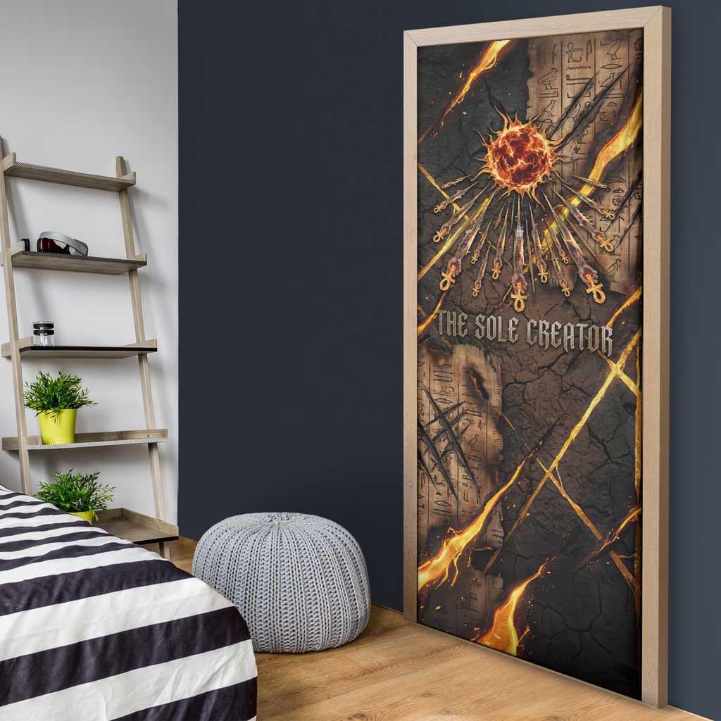 Aten Door Cover Ancient Egyptian Cracked Stone Hieroglyph, Solar Eclipse Emblem, and Radiant Sunburst - Wonder Print Shop