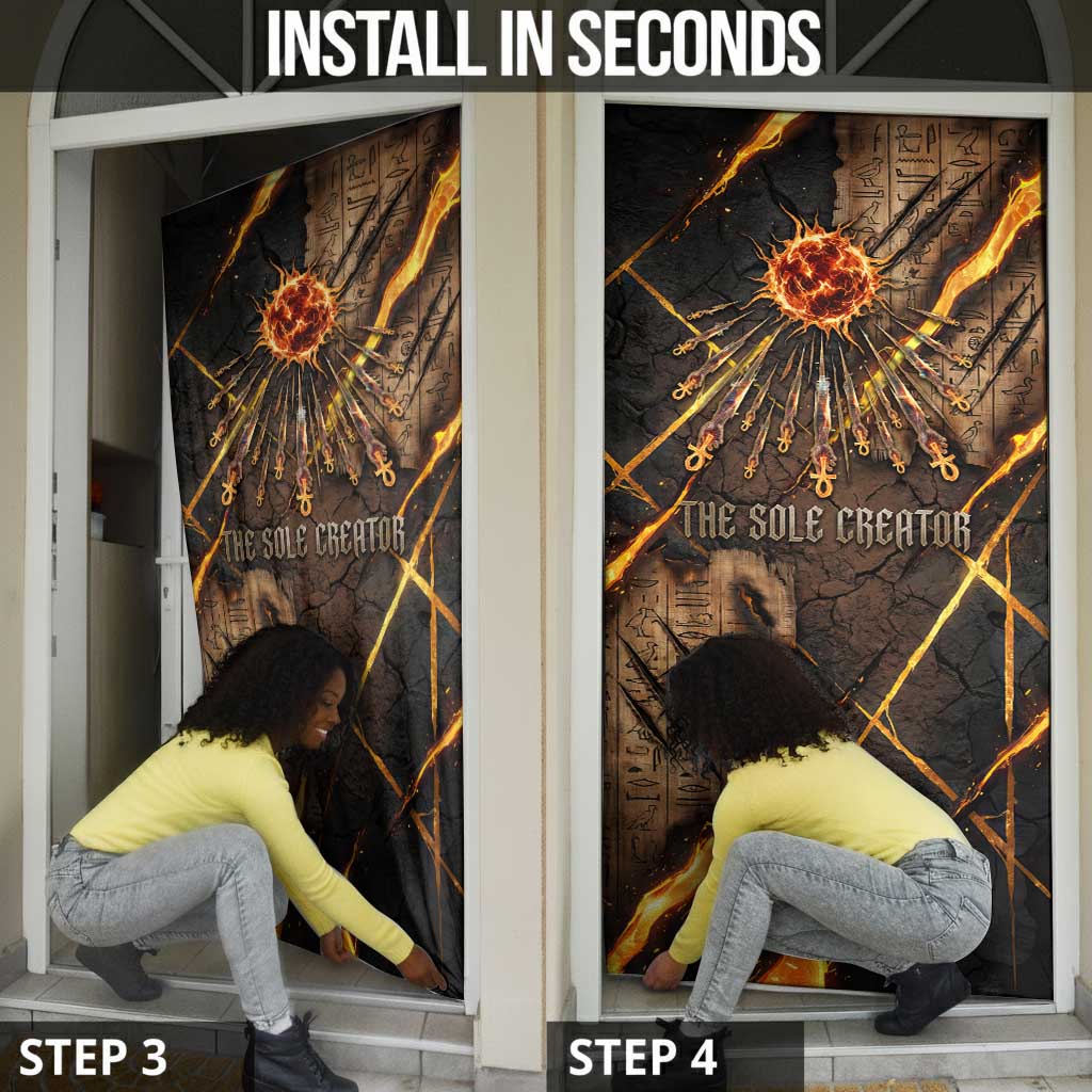 Aten Door Cover Ancient Egyptian Cracked Stone Hieroglyph, Solar Eclipse Emblem, and Radiant Sunburst - Wonder Print Shop