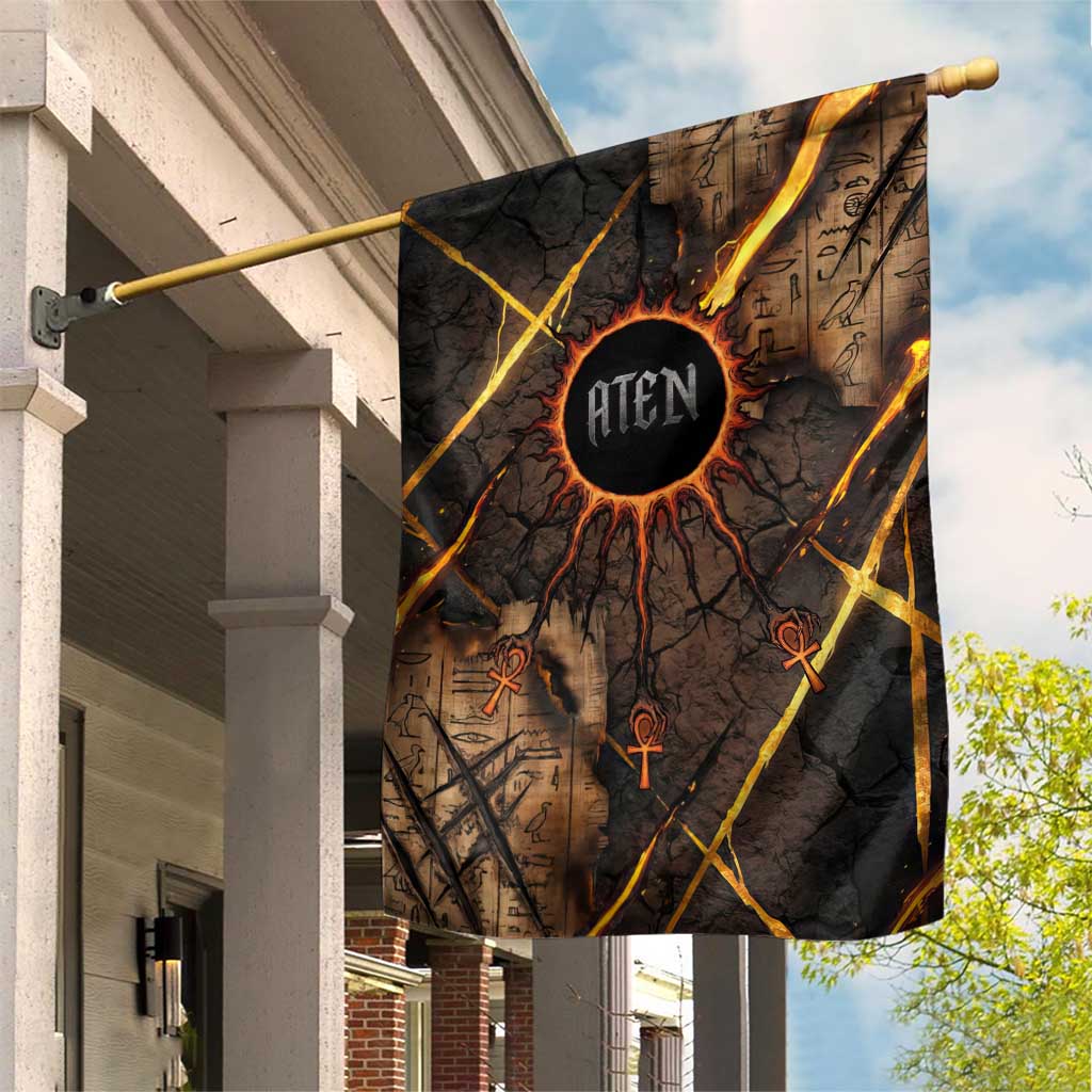 Aten Garden Flag Ancient Egyptian Cracked Stone Hieroglyph, Solar Eclipse Emblem, and Radiant Sunburst - Wonder Print Shop