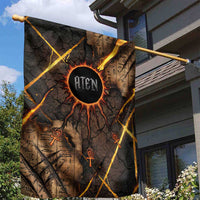 Aten Garden Flag Ancient Egyptian Cracked Stone Hieroglyph, Solar Eclipse Emblem, and Radiant Sunburst - Wonder Print Shop